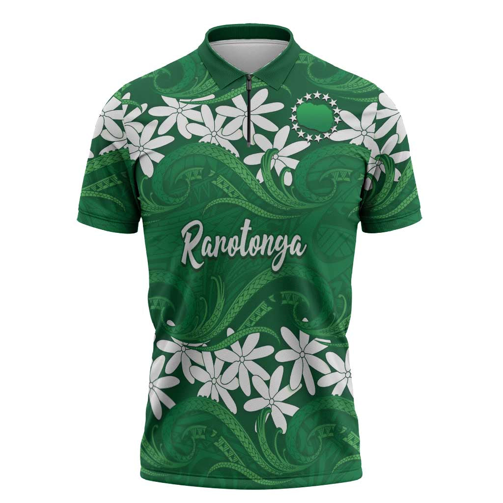 Personalised Cook Islands Rarotonga Zipper Polo Shirt Tiare Maori Polynesian Waves Tattoo LT14 Green - Polynesian Pride