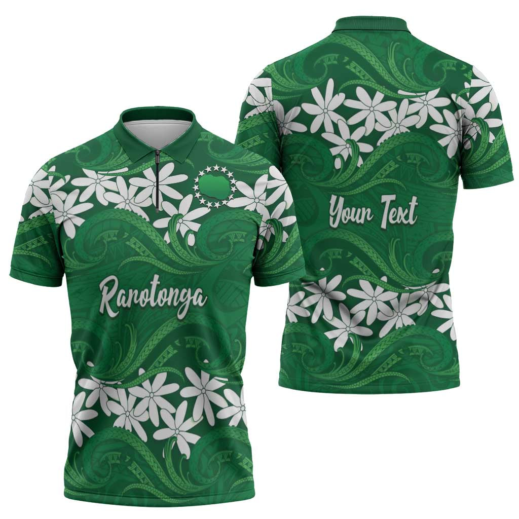 Personalised Cook Islands Rarotonga Zipper Polo Shirt Tiare Maori Polynesian Waves Tattoo LT14 - Polynesian Pride