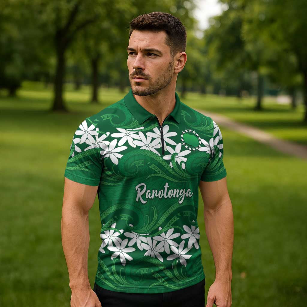 Personalised Cook Islands Rarotonga Zipper Polo Shirt Tiare Maori Polynesian Waves Tattoo LT14 - Polynesian Pride