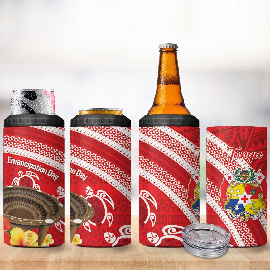 Kingdom Of Tonga Emancipation Day 4 in 1 Can Cooler Tumbler Tongan Ngatu With Kumete Red