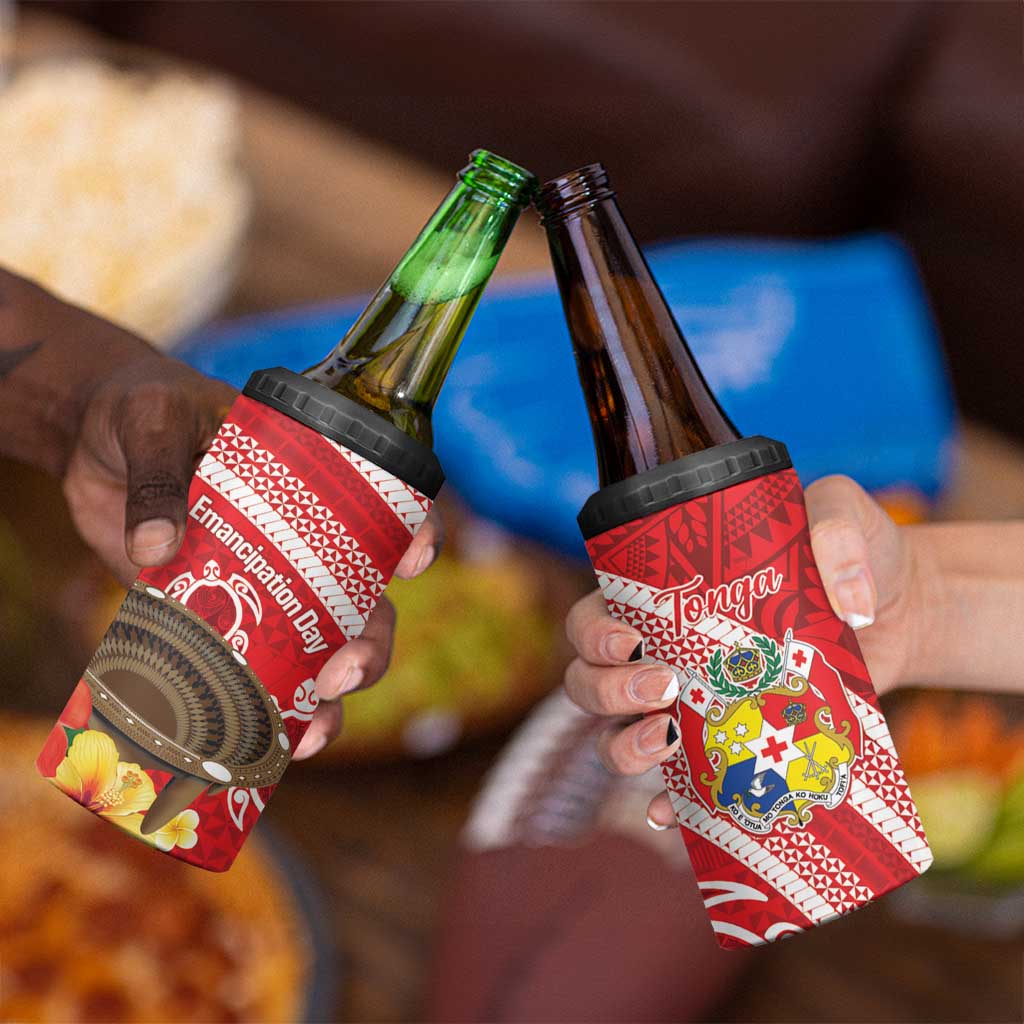 Kingdom Of Tonga Emancipation Day 4 in 1 Can Cooler Tumbler Tongan Ngatu With Kumete Red