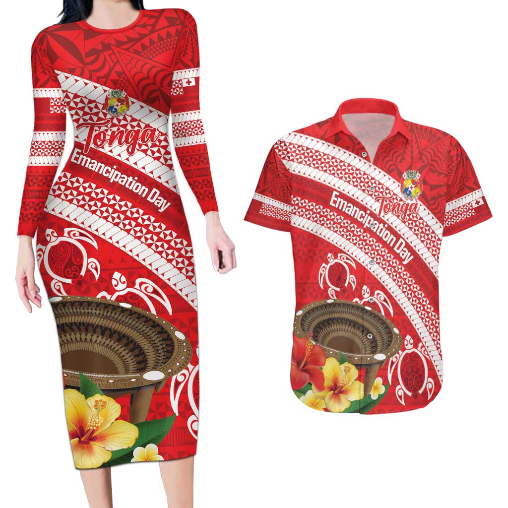 Kingdom Of Tonga Emancipation Day Couples Matching Long Sleeve Bodycon Dress and Hawaiian Shirt Tongan Ngatu With Kumete Red