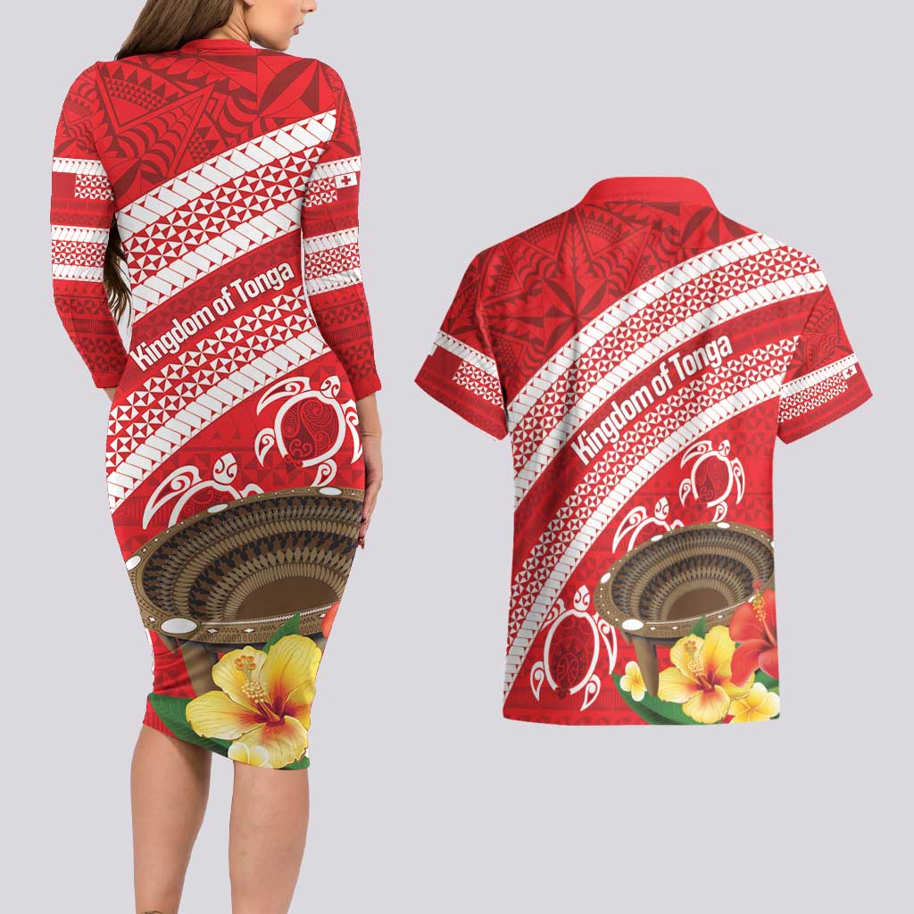 Kingdom Of Tonga Emancipation Day Couples Matching Long Sleeve Bodycon Dress and Hawaiian Shirt Tongan Ngatu With Kumete Red