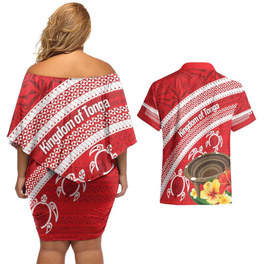 Kingdom Of Tonga Emancipation Day Couples Matching Off Shoulder Short Dress and Hawaiian Shirt Tongan Ngatu With Kumete Red