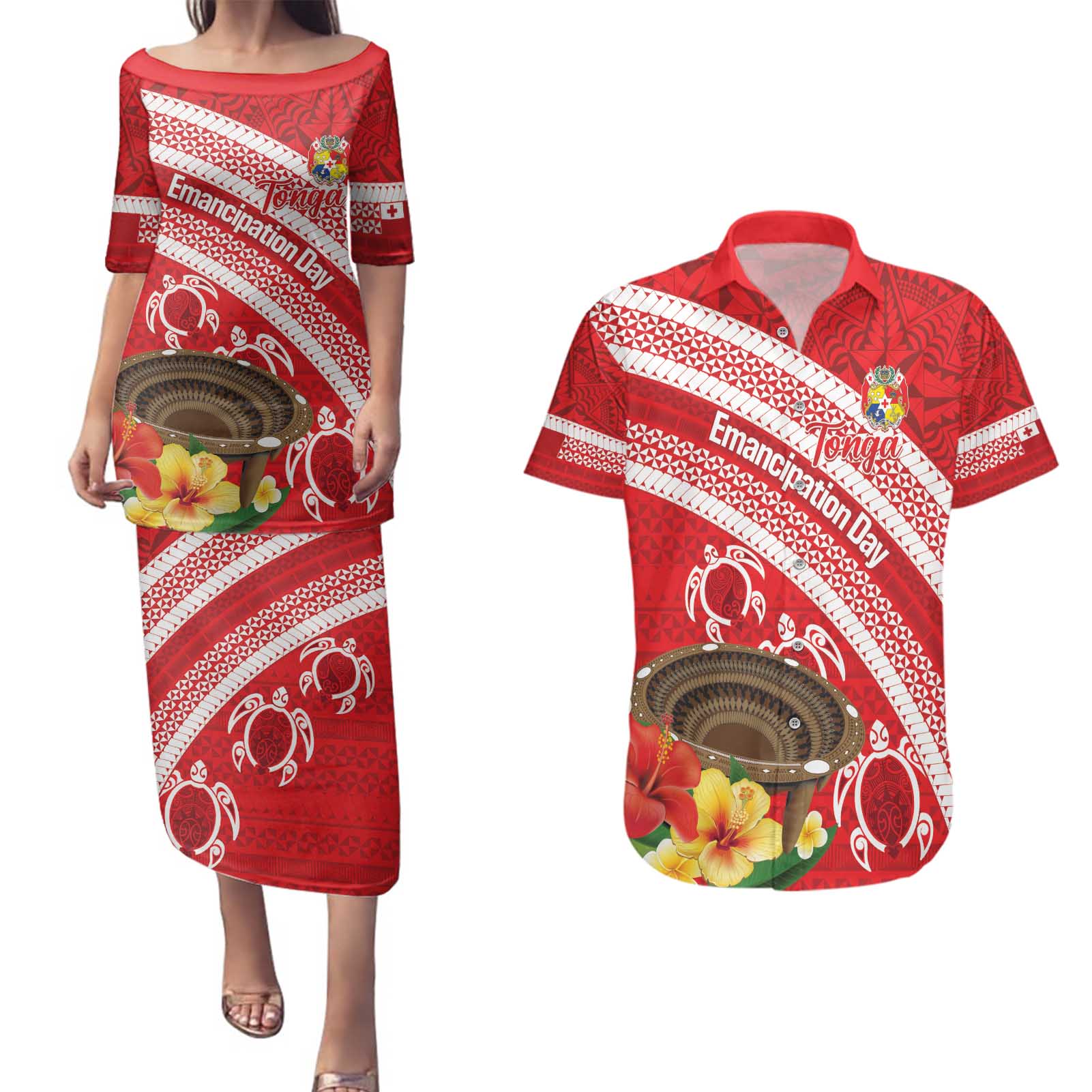 Kingdom Of Tonga Emancipation Day Couples Matching Puletasi and Hawaiian Shirt Tongan Ngatu With Kumete Red