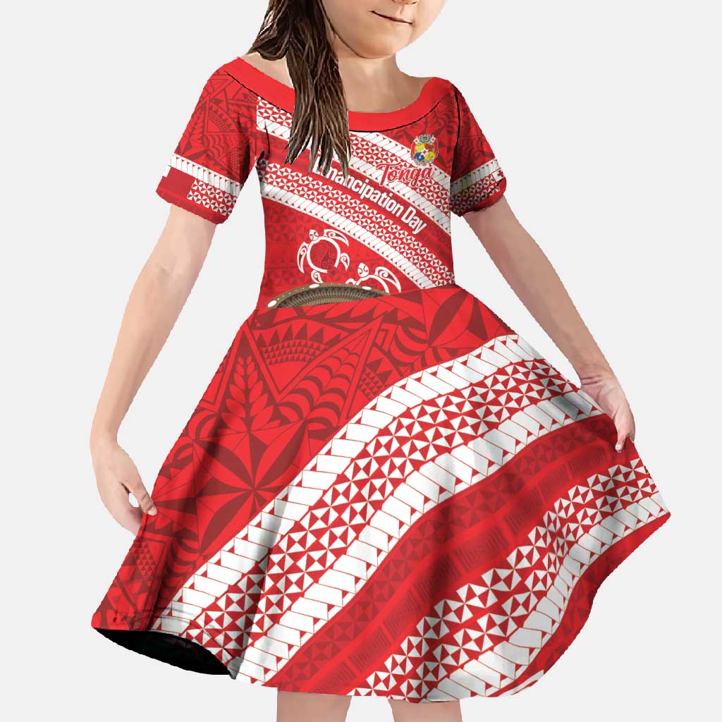 Kingdom Of Tonga Emancipation Day Family Matching Long Sleeve Bodycon Dress and Hawaiian Shirt Tongan Ngatu With Kumete Red LT14 Daughter's Dress Red - Polynesian Pride