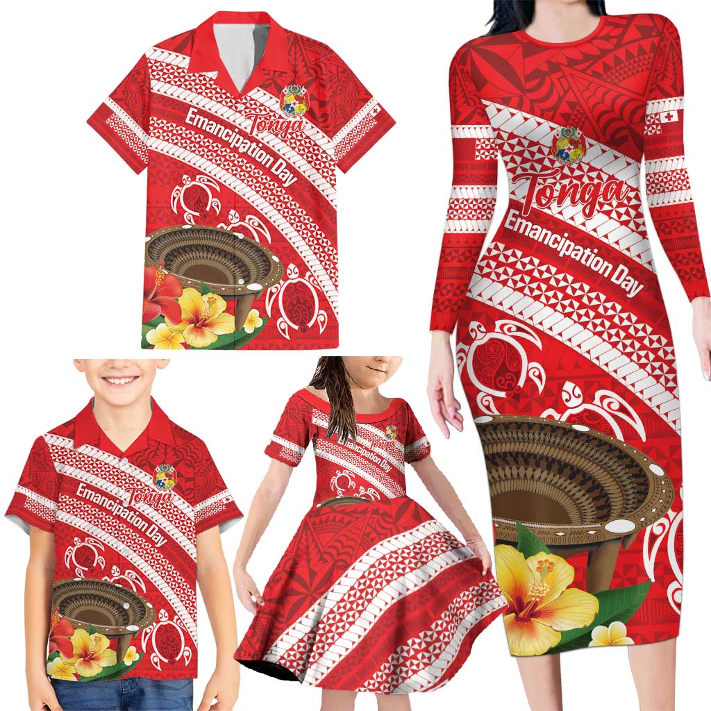Kingdom Of Tonga Emancipation Day Family Matching Long Sleeve Bodycon Dress and Hawaiian Shirt Tongan Ngatu With Kumete Red LT14 - Polynesian Pride