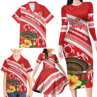 Kingdom Of Tonga Emancipation Day Family Matching Long Sleeve Bodycon Dress and Hawaiian Shirt Tongan Ngatu With Kumete Red LT14 - Polynesian Pride