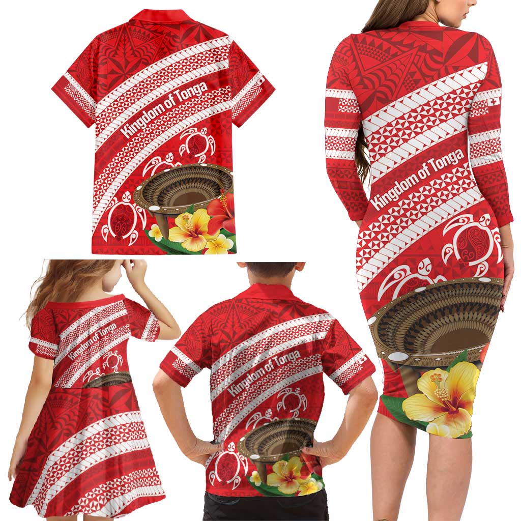 Kingdom Of Tonga Emancipation Day Family Matching Long Sleeve Bodycon Dress and Hawaiian Shirt Tongan Ngatu With Kumete Red LT14 - Polynesian Pride