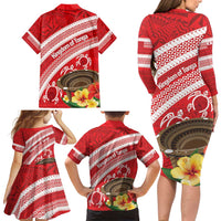 Kingdom Of Tonga Emancipation Day Family Matching Long Sleeve Bodycon Dress and Hawaiian Shirt Tongan Ngatu With Kumete Red LT14 - Polynesian Pride