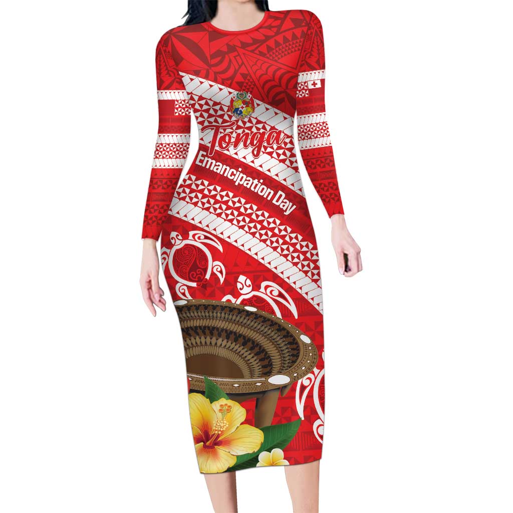 Kingdom Of Tonga Emancipation Day Family Matching Long Sleeve Bodycon Dress and Hawaiian Shirt Tongan Ngatu With Kumete Red LT14 Mom's Dress Red - Polynesian Pride