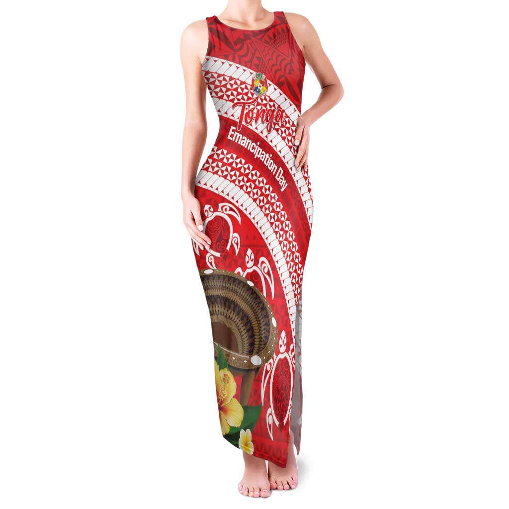 Kingdom Of Tonga Emancipation Day Family Matching Tank Maxi Dress and Hawaiian Shirt Tongan Ngatu With Kumete Red