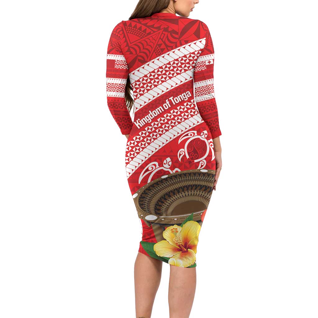 Kingdom Of Tonga Emancipation Day Long Sleeve Bodycon Dress Tongan Ngatu With Kumete Red