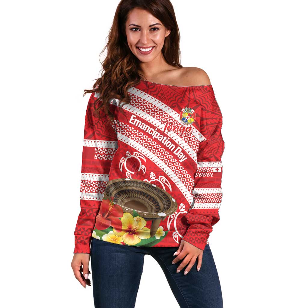 Kingdom Of Tonga Emancipation Day Off Shoulder Sweater Tongan Ngatu With Kumete Red