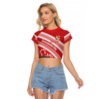 Kingdom Of Tonga Emancipation Day Raglan Cropped T Shirt Tongan Ngatu With Kumete Red LT14 Female Red - Polynesian Pride