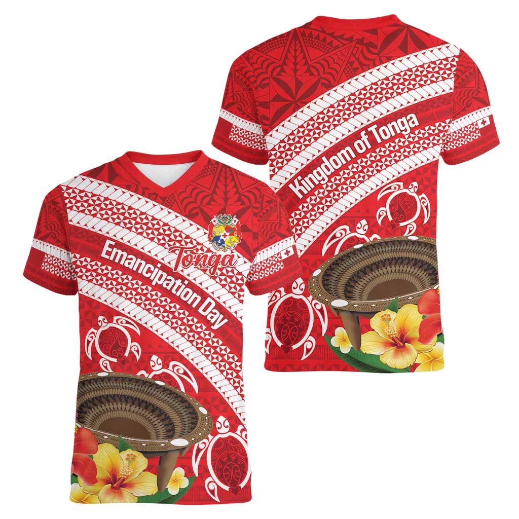 Kingdom Of Tonga Emancipation Day Women V-Neck T-Shirt Tongan Ngatu With Kumete Red