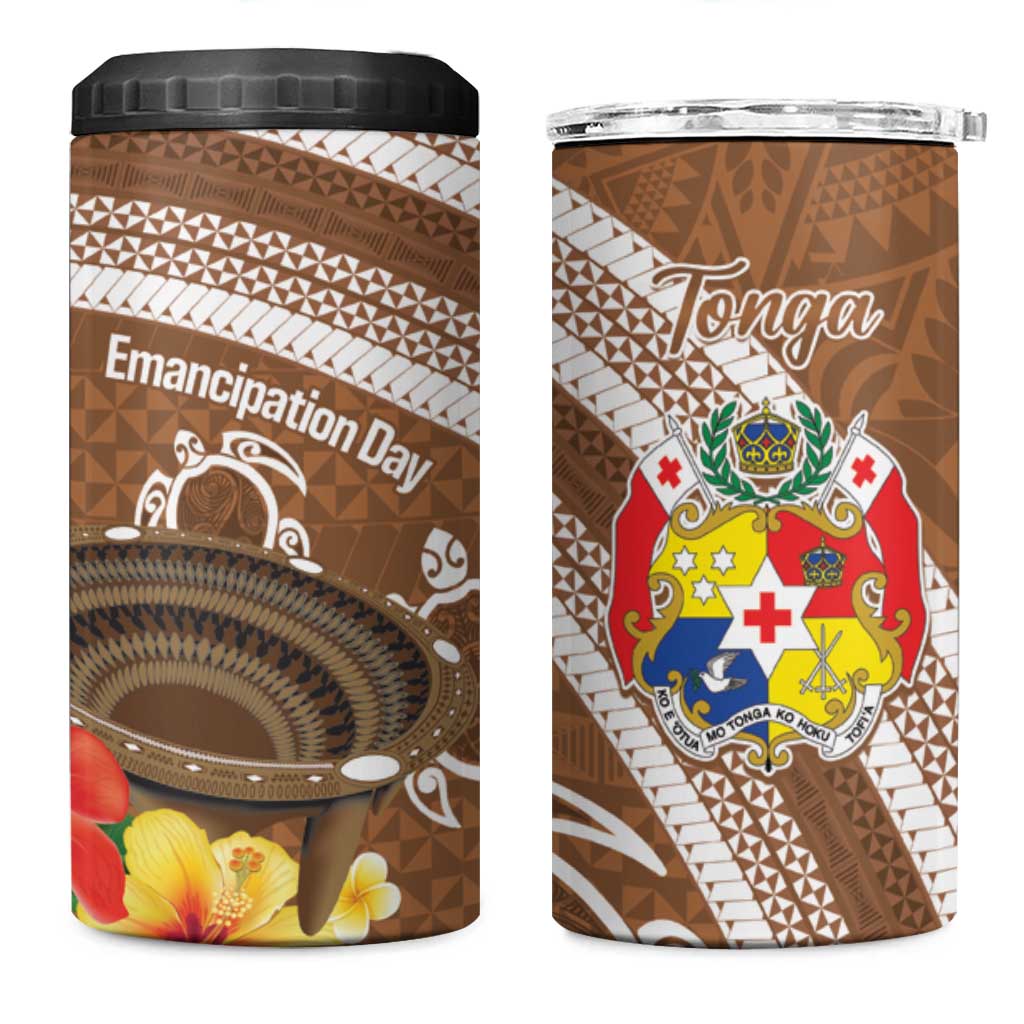 Kingdom Of Tonga Emancipation Day 4 in 1 Can Cooler Tumbler Tongan Ngatu With Kumete Brown