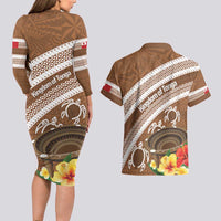 Kingdom Of Tonga Emancipation Day Couples Matching Long Sleeve Bodycon Dress and Hawaiian Shirt Tongan Ngatu With Kumete Brown