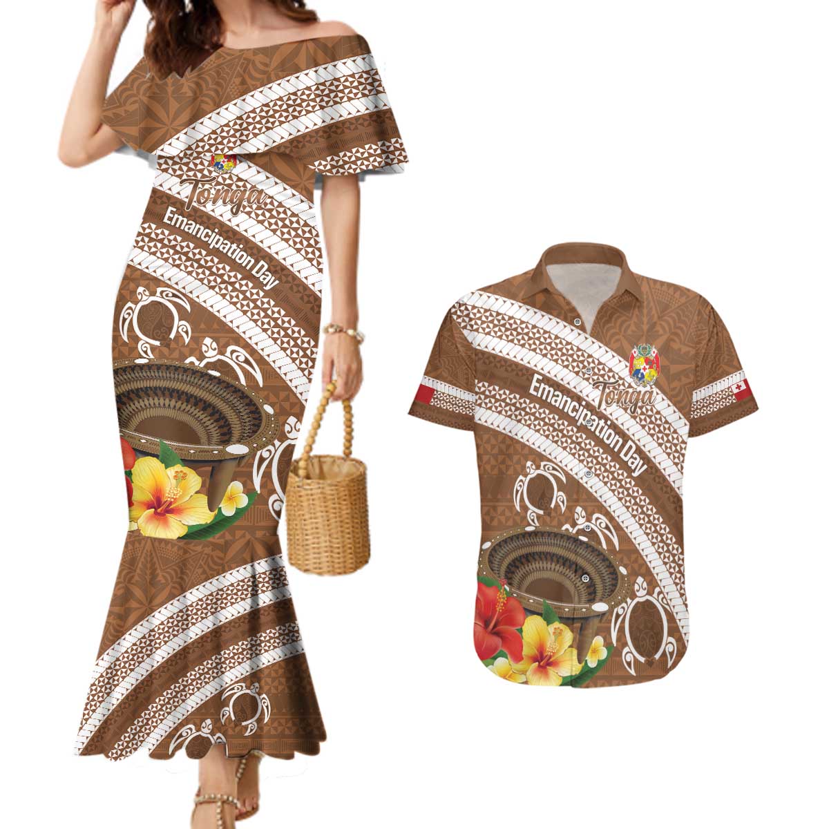 Kingdom Of Tonga Emancipation Day Couples Matching Mermaid Dress and Hawaiian Shirt Tongan Ngatu With Kumete Brown