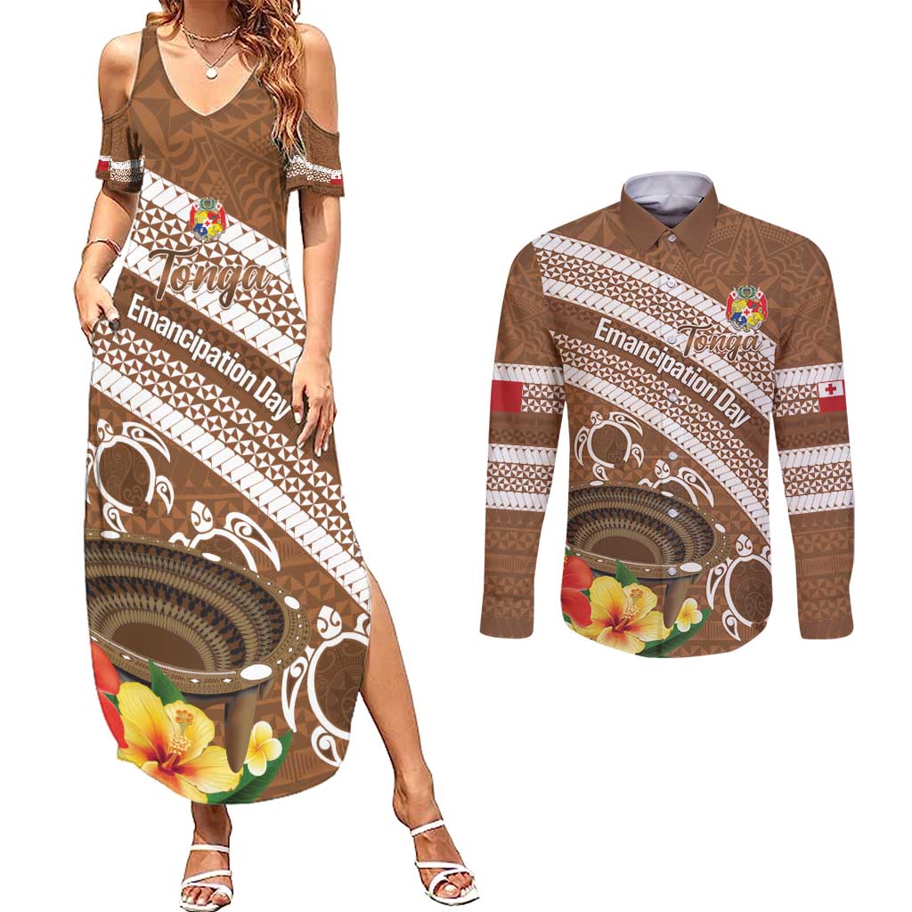 Kingdom Of Tonga Emancipation Day Couples Matching Summer Maxi Dress and Long Sleeve Button Shirt Tongan Ngatu With Kumete Brown