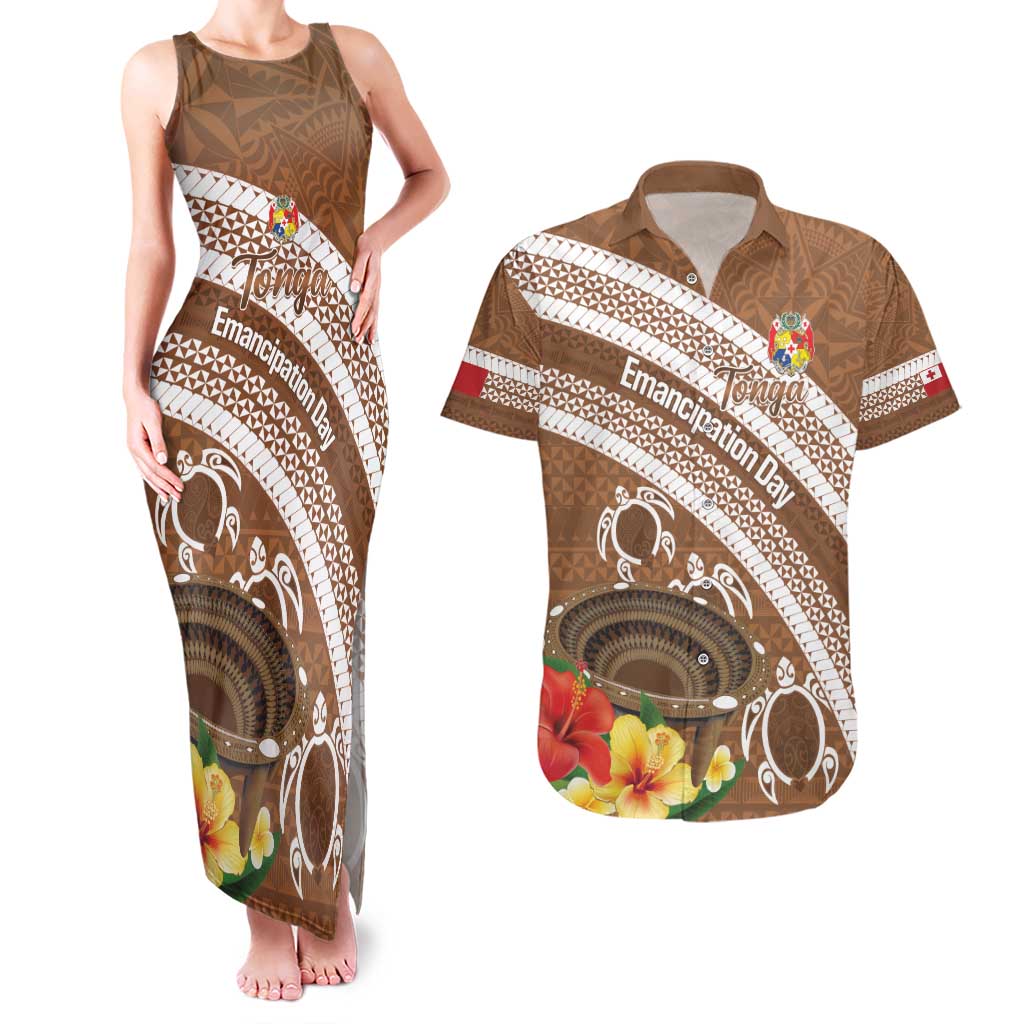 Kingdom Of Tonga Emancipation Day Couples Matching Tank Maxi Dress and Hawaiian Shirt Tongan Ngatu With Kumete Brown