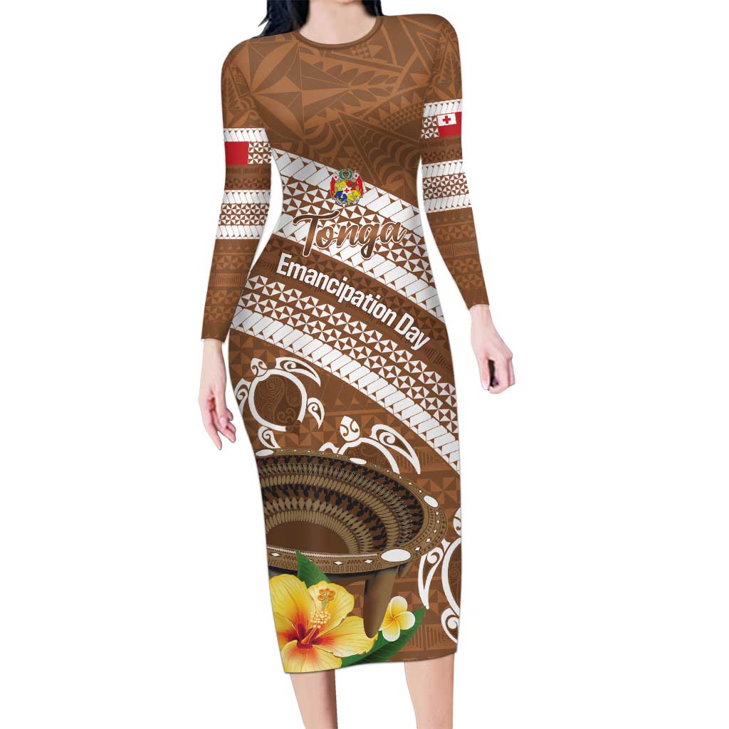 Kingdom Of Tonga Emancipation Day Family Matching Long Sleeve Bodycon Dress and Hawaiian Shirt Tongan Ngatu With Kumete Brown