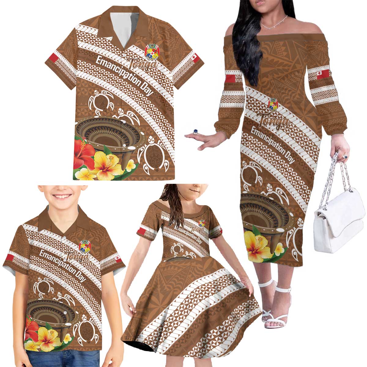 Kingdom Of Tonga Emancipation Day Family Matching Off The Shoulder Long Sleeve Dress and Hawaiian Shirt Tongan Ngatu With Kumete Brown