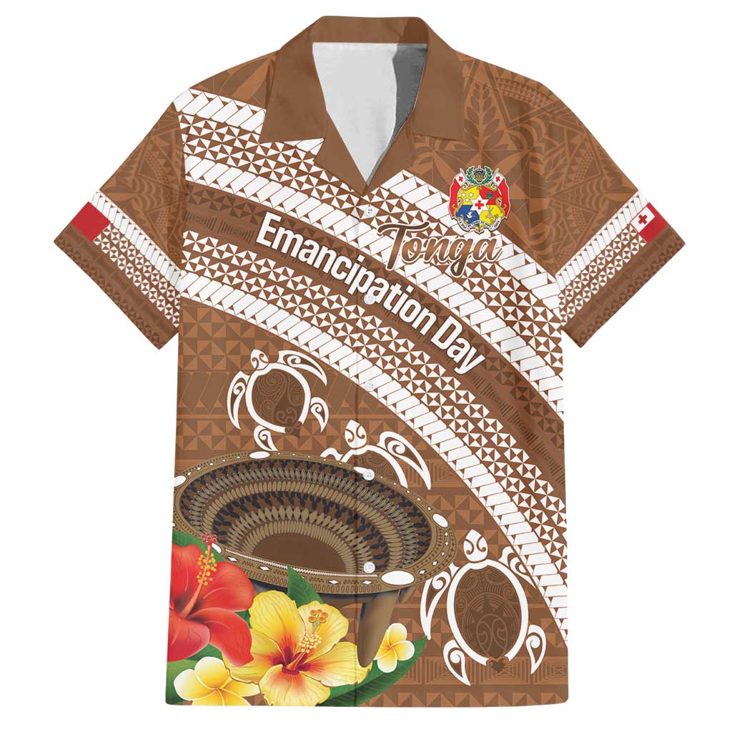 Kingdom Of Tonga Emancipation Day Family Matching Puletasi and Hawaiian Shirt Tongan Ngatu With Kumete Brown