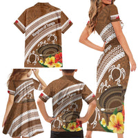 Kingdom Of Tonga Emancipation Day Family Matching Short Sleeve Bodycon Dress and Hawaiian Shirt Tongan Ngatu With Kumete Brown