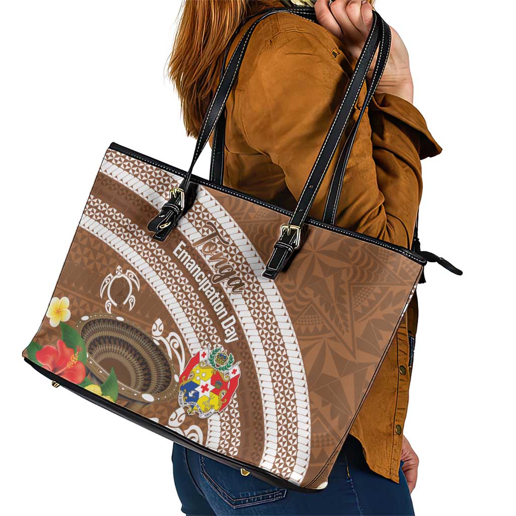 Kingdom Of Tonga Emancipation Day Leather Tote Bag Tongan Ngatu With Kumete Brown