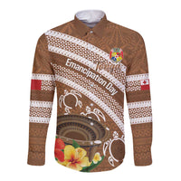 Kingdom Of Tonga Emancipation Day Long Sleeve Button Shirt Tongan Ngatu With Kumete Brown LT14 Unisex Brown - Polynesian Pride