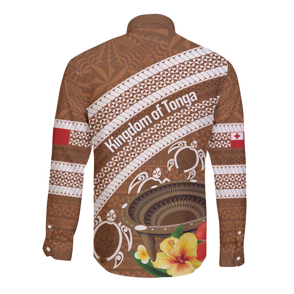 Kingdom Of Tonga Emancipation Day Long Sleeve Button Shirt Tongan Ngatu With Kumete Brown LT14 - Polynesian Pride