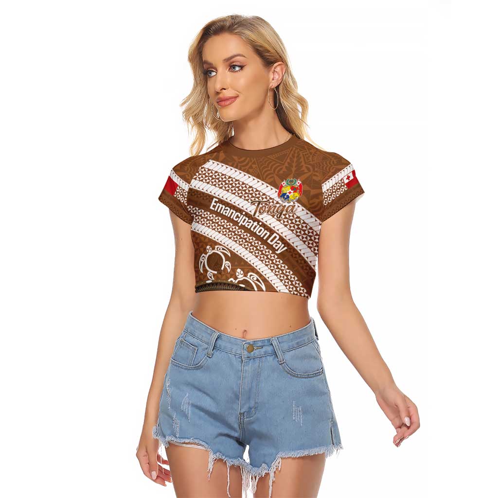 Kingdom Of Tonga Emancipation Day Raglan Cropped T Shirt Tongan Ngatu With Kumete Brown