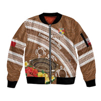Kingdom Of Tonga Emancipation Day Sleeve Zip Bomber Jacket Tongan Ngatu With Kumete Brown