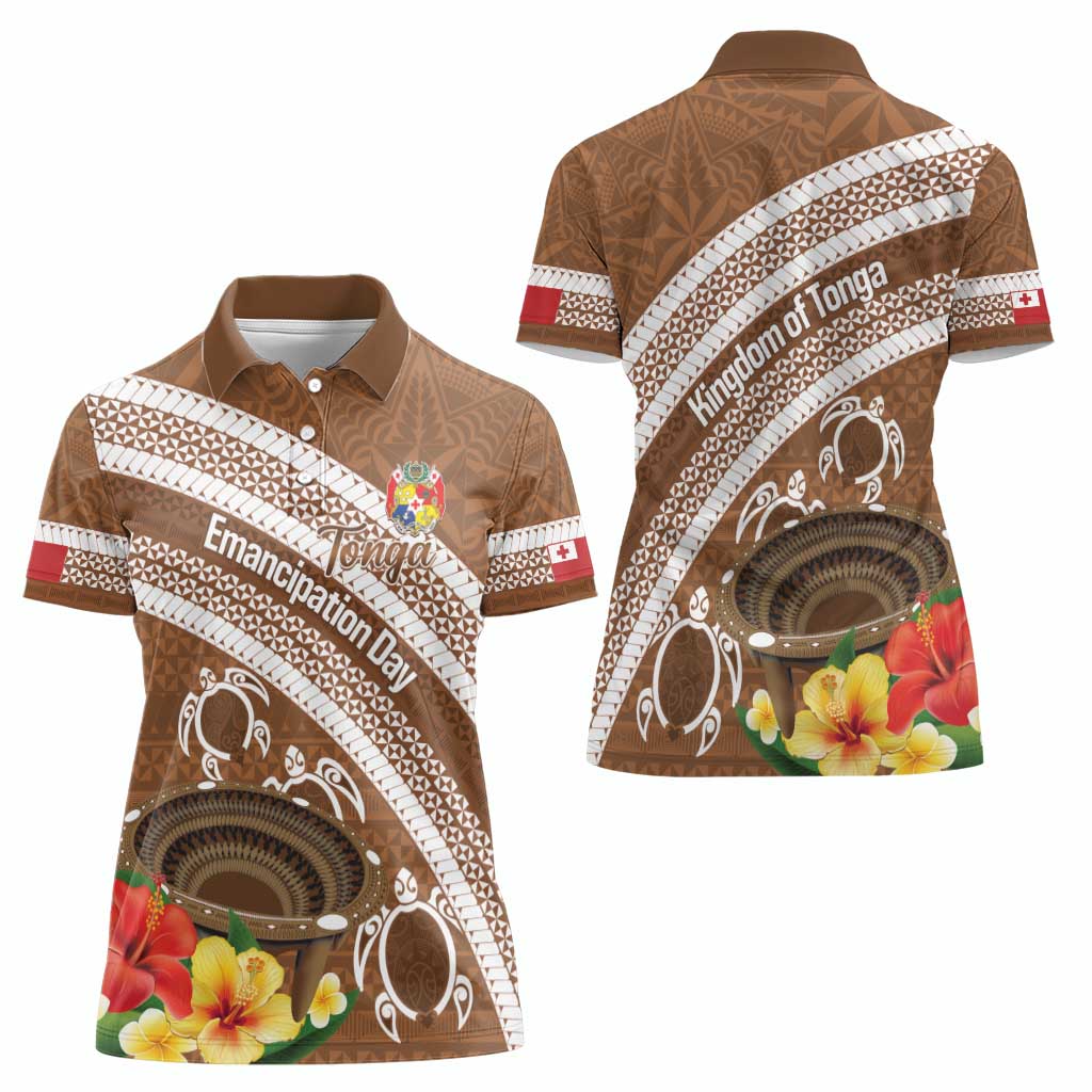 Kingdom Of Tonga Emancipation Day Women Polo Shirt Tongan Ngatu With Kumete Brown