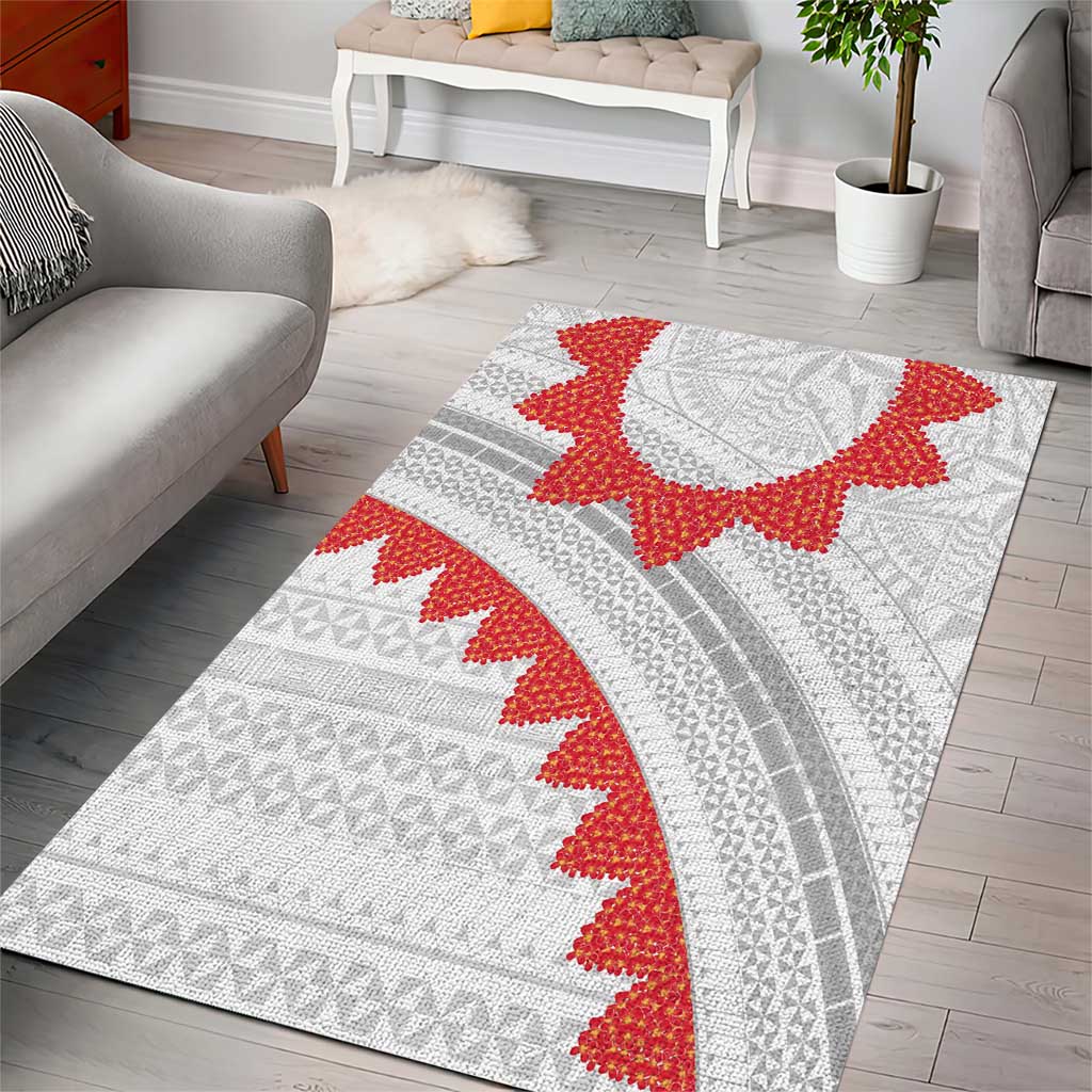 Tonga White Sunday Area Rug Heilala Flowers Tongan Ngatu Pattern