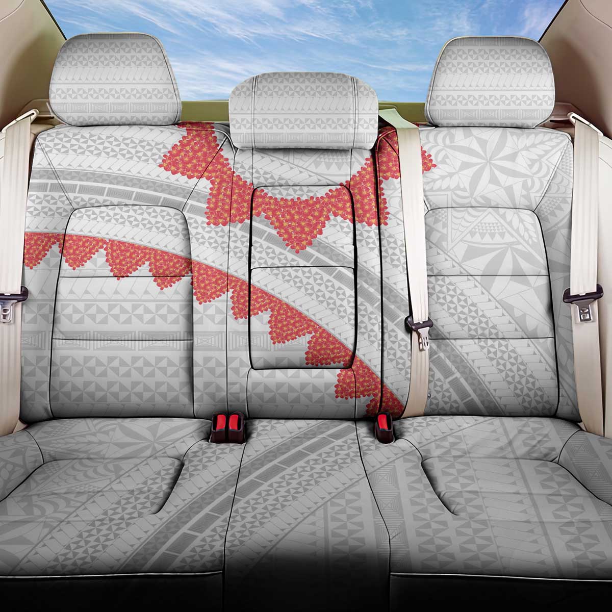 Tonga White Sunday Back Car Seat Cover Heilala Flowers Tongan Ngatu Pattern