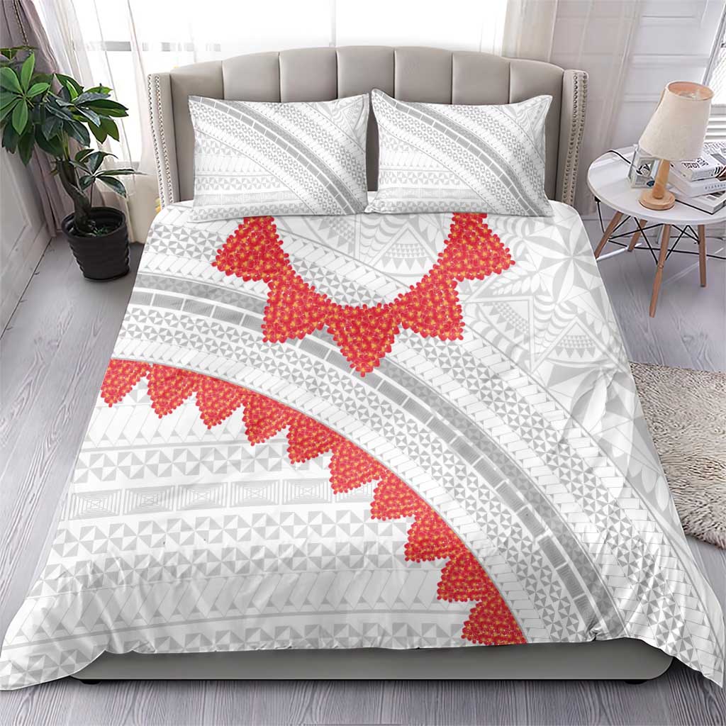 Tonga White Sunday Bedding Set Heilala Flowers Tongan Ngatu Pattern