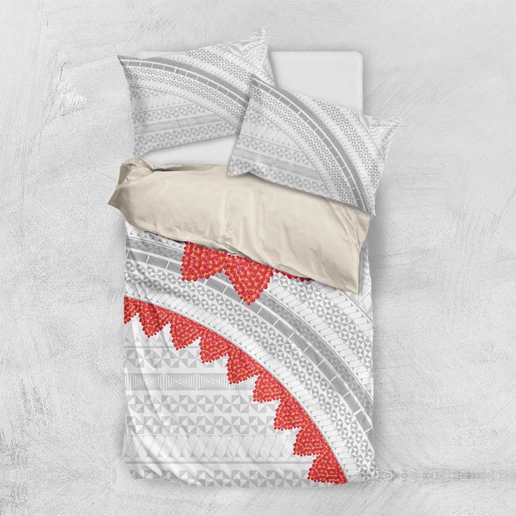 Tonga White Sunday Bedding Set Heilala Flowers Tongan Ngatu Pattern