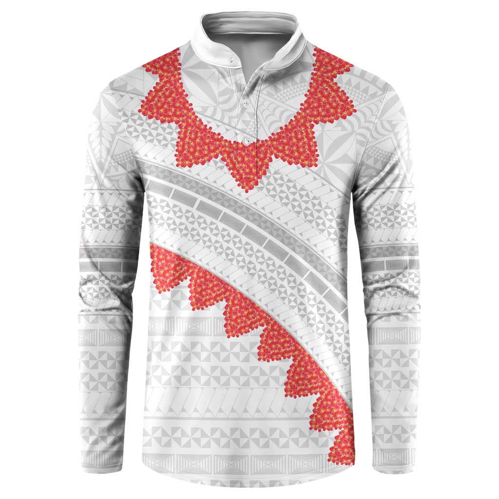 Tonga White Sunday Button Sweatshirt Heilala Flowers Tongan Ngatu Pattern LT14 White - Polynesian Pride