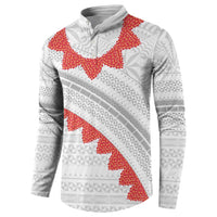 Tonga White Sunday Button Sweatshirt Heilala Flowers Tongan Ngatu Pattern LT14 - Polynesian Pride