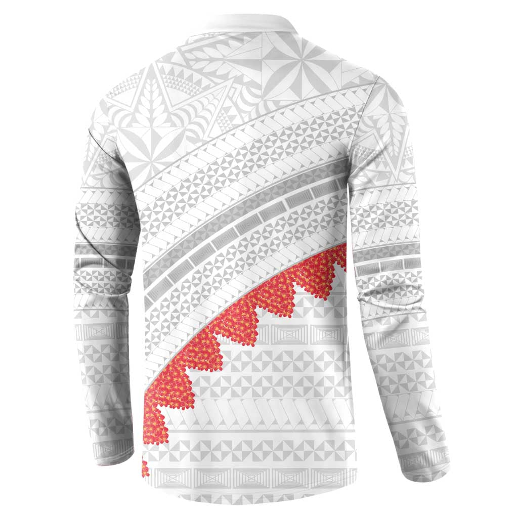Tonga White Sunday Button Sweatshirt Heilala Flowers Tongan Ngatu Pattern LT14 - Polynesian Pride