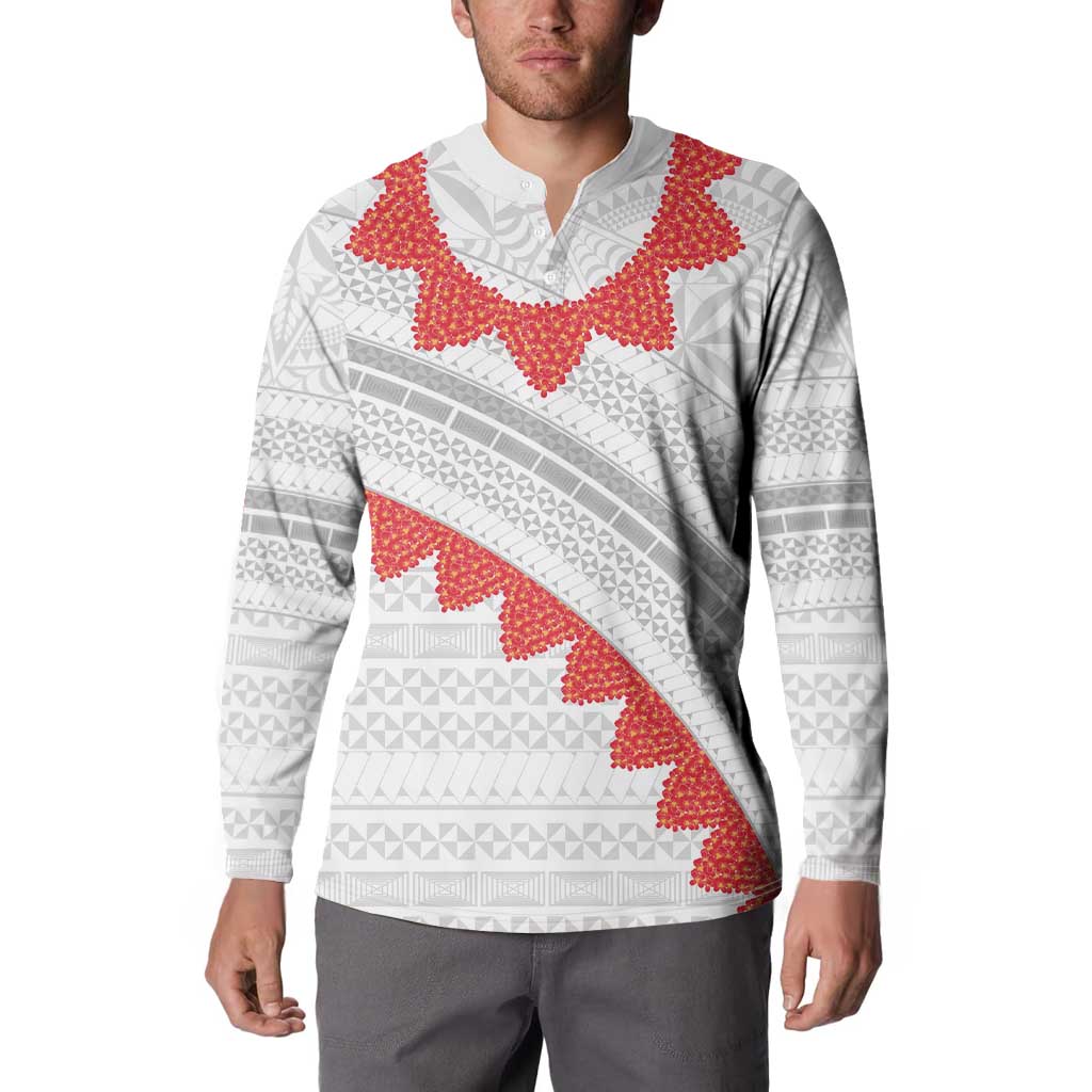 Tonga White Sunday Button Sweatshirt Heilala Flowers Tongan Ngatu Pattern LT14 - Polynesian Pride