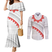 Tonga White Sunday Couples Matching Mermaid Dress and Long Sleeve Button Shirt Heilala Flowers Tongan Ngatu Pattern LT14 White - Polynesian Pride