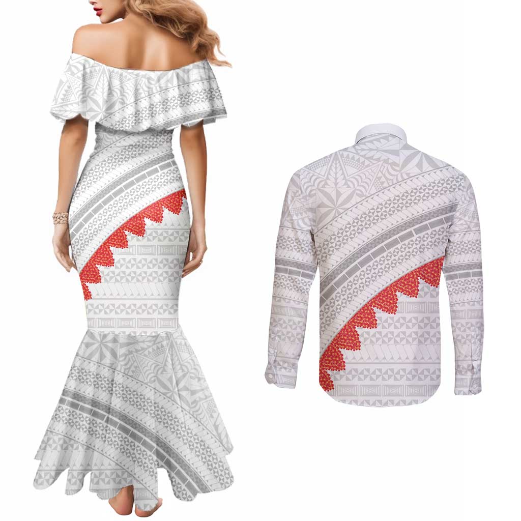 Tonga White Sunday Couples Matching Mermaid Dress and Long Sleeve Button Shirt Heilala Flowers Tongan Ngatu Pattern LT14 - Polynesian Pride