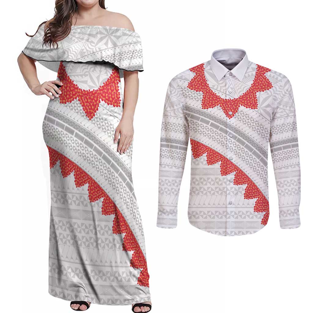 Tonga White Sunday Couples Matching Off Shoulder Maxi Dress and Long Sleeve Button Shirt Heilala Flowers Tongan Ngatu Pattern