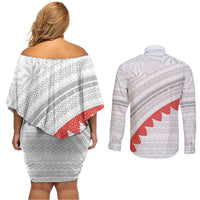 Tonga White Sunday Couples Matching Off Shoulder Short Dress and Long Sleeve Button Shirt Heilala Flowers Tongan Ngatu Pattern