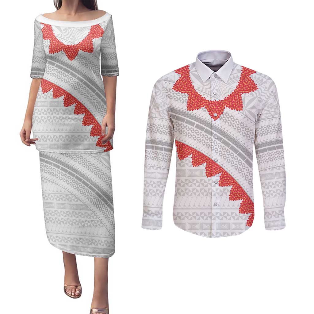 Tonga White Sunday Couples Matching Puletasi and Long Sleeve Button Shirt Heilala Flowers Tongan Ngatu Pattern LT14 White - Polynesian Pride