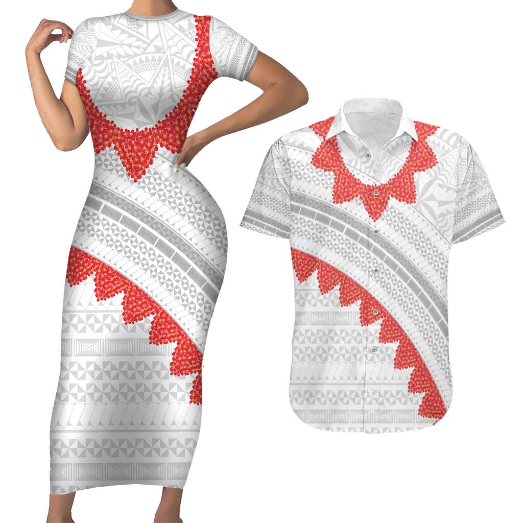 Tonga White Sunday Couples Matching Short Sleeve Bodycon Dress and Hawaiian Shirt Heilala Flowers Tongan Ngatu Pattern