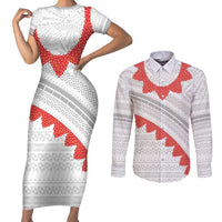 Tonga White Sunday Couples Matching Short Sleeve Bodycon Dress and Long Sleeve Button Shirt Heilala Flowers Tongan Ngatu Pattern LT14 White - Polynesian Pride